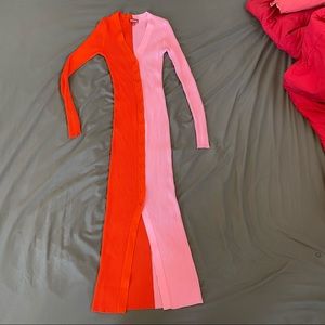 Staid Shoko color block Lava/Peony (red/pink) fitted midi sweater dress